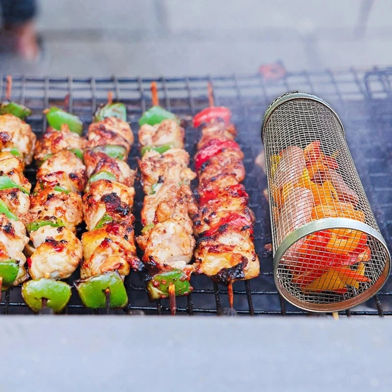 Stainless Steel Rolling Grilling BBQ Basket: Leakproof Mesh Barbecue Rack for Outdoor Picnic & Camping