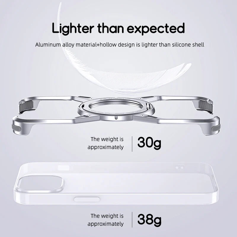 Metal Aluminium Alloy Magnetic Frameless Phone Case For iPhone 14 13 15 Pro Max 360° Stand Rimless Bumper Shockproof Metal Cover
