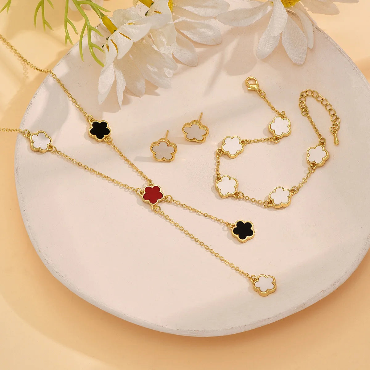 3PC Plum Blossom Plant Five Leaf Flower Colorful Jewelry Set Bracelet Necklace Earrings Women's Luxury Gold Plated Clover