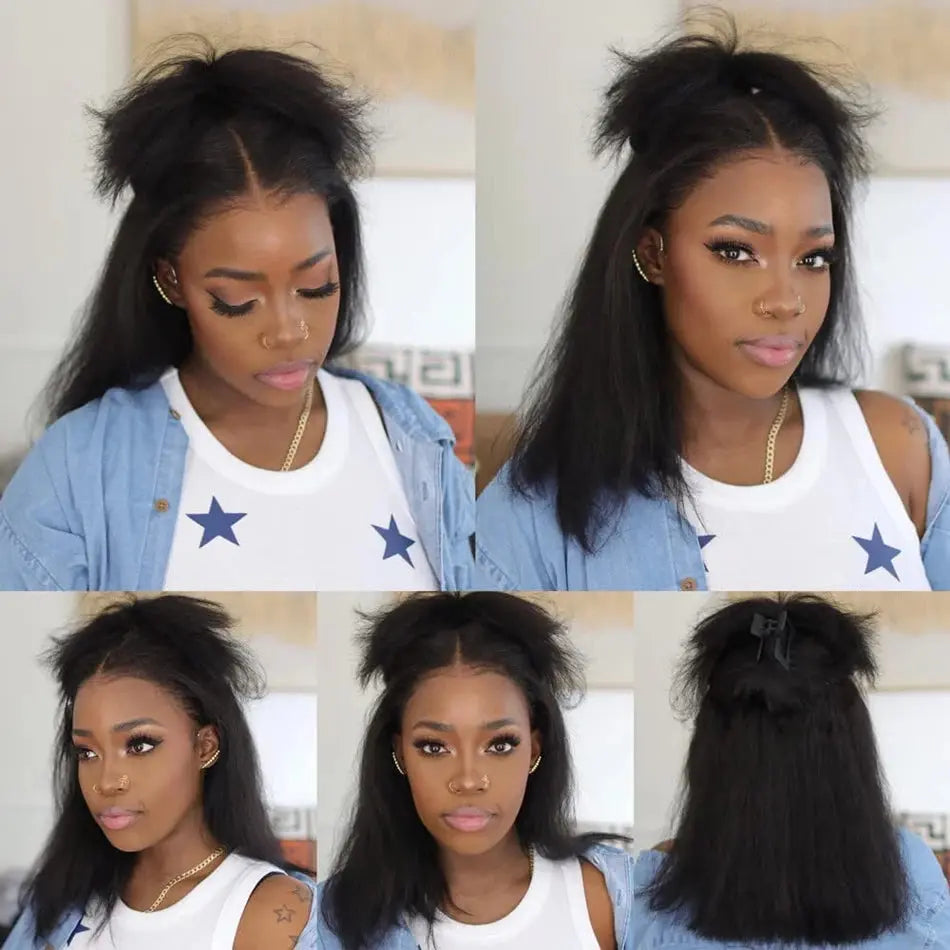 Yaki Glueless Wig Human Hair Ready To Wear 13X4 Lace Frontal Pre Plucked Pre Cut Kinky Straight HD Transparent For Women - MaJuah