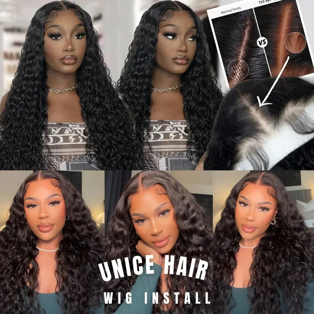 Unice Hair Pre Cut Pre Bleached 7x5 Lace Wear Go Glueless Wig 100% Human Hair Natural Color Water Wave Lace Front Wig - MaJuah