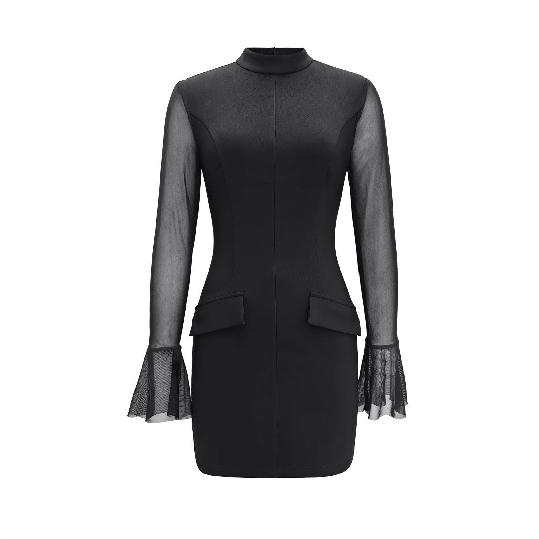 Women's Solid Color Semi-sheer Long-sleeve High-neck Fitted Dress CozyPet Store
