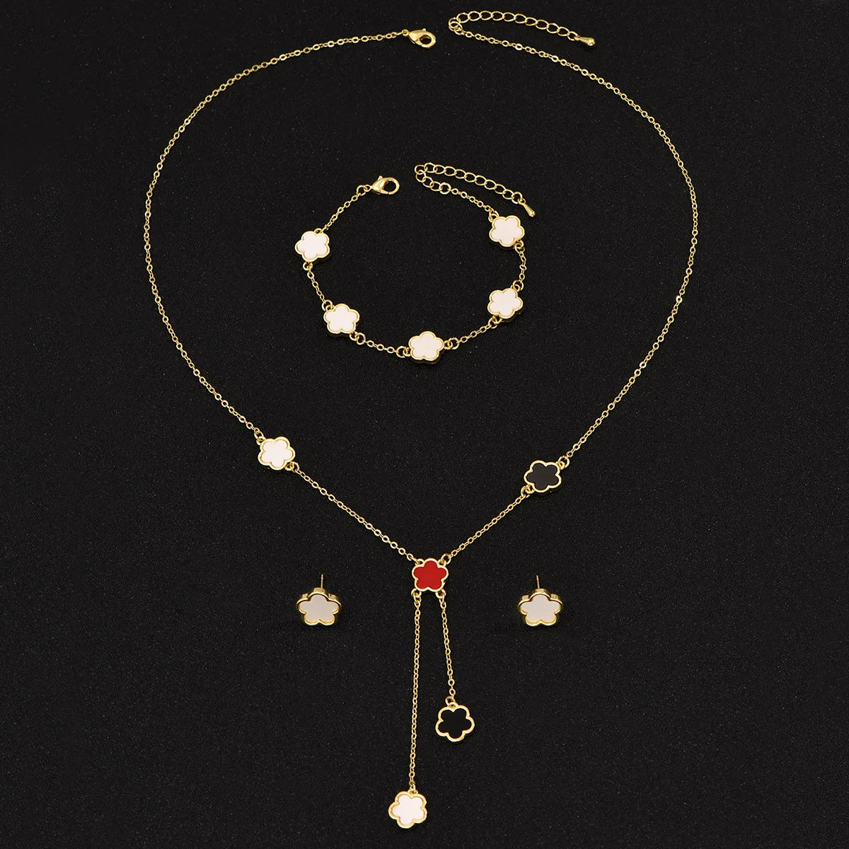 3PC Plum Blossom Plant Five Leaf Flower Colorful Jewelry Set Bracelet Necklace Earrings Women's Luxury Gold Plated Clover