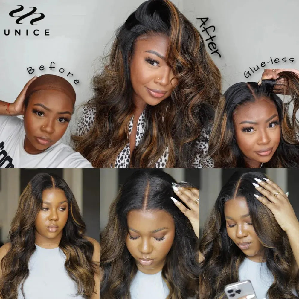 UNice Hair 7x5 Bye Bye Knots Glueless Wig: Brown Balayage Body Wave Wig Pre Cut Pre Bleached Human Hair Lace Wig 150%, Ships From - United States - MaJuah