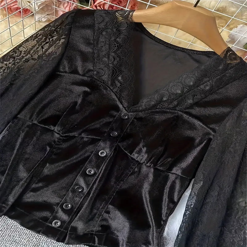 Women's Velvet & Lace Trim Top V-Neck Long Sleeve Blouse With Button Accent For Autumn And Winter CozyPet Store