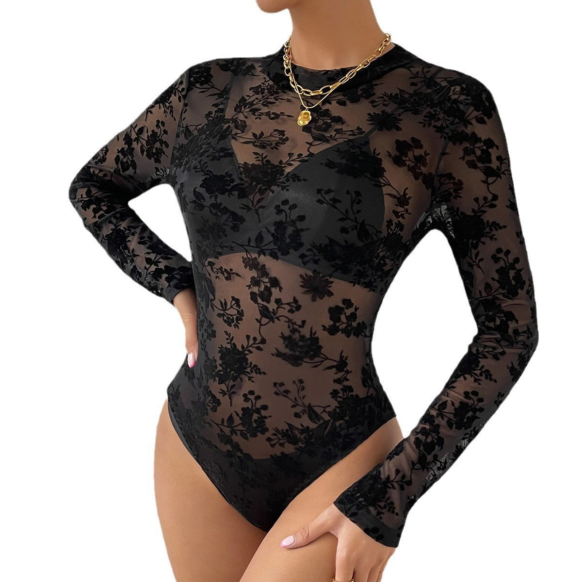Lace Mesh Flocking Printing Sexy Slim Fit Long-sleeved Jumpsuit CozyPet Store