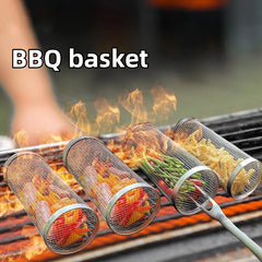 Stainless Steel Rolling Grilling BBQ Basket: Leakproof Mesh Barbecue Rack for Outdoor Picnic & Camping