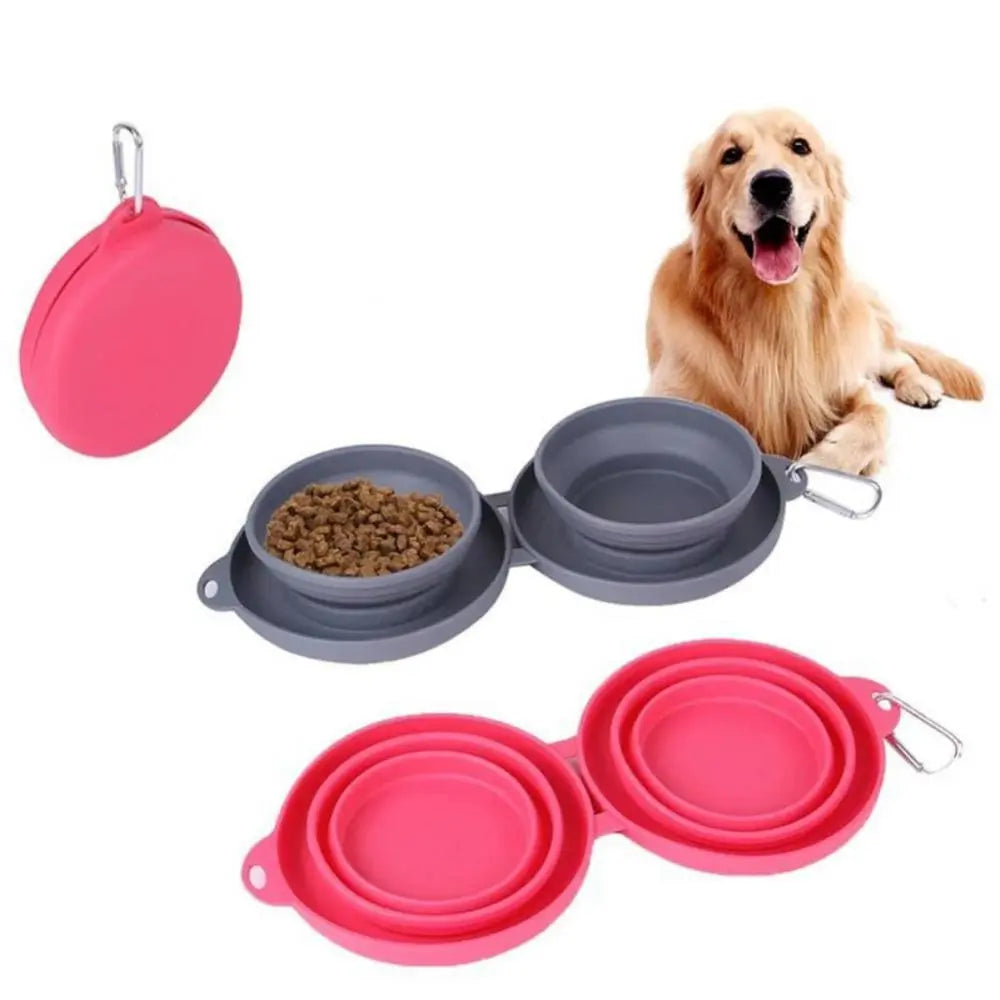 Rubber Foldable Double Bowl Pet Feeding Bowl Pets Supplies Dog Cat Bowls - MaJuah