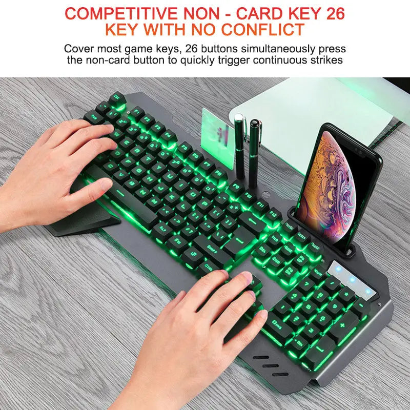 ErgonomicWired Gaming Keyboard with RGB Backlight Phone Holder - MaJuah