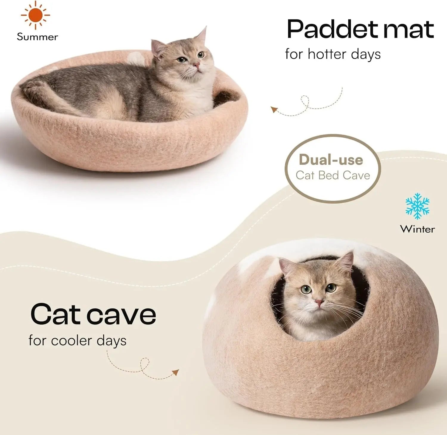 MEWOOFUN Handmade Wool Cat Cave Bed - Natural Felt Hideaway House For Indoor Cats & Kittens, Breathable Warm Pet Bed Grey, Medium - MaJuah