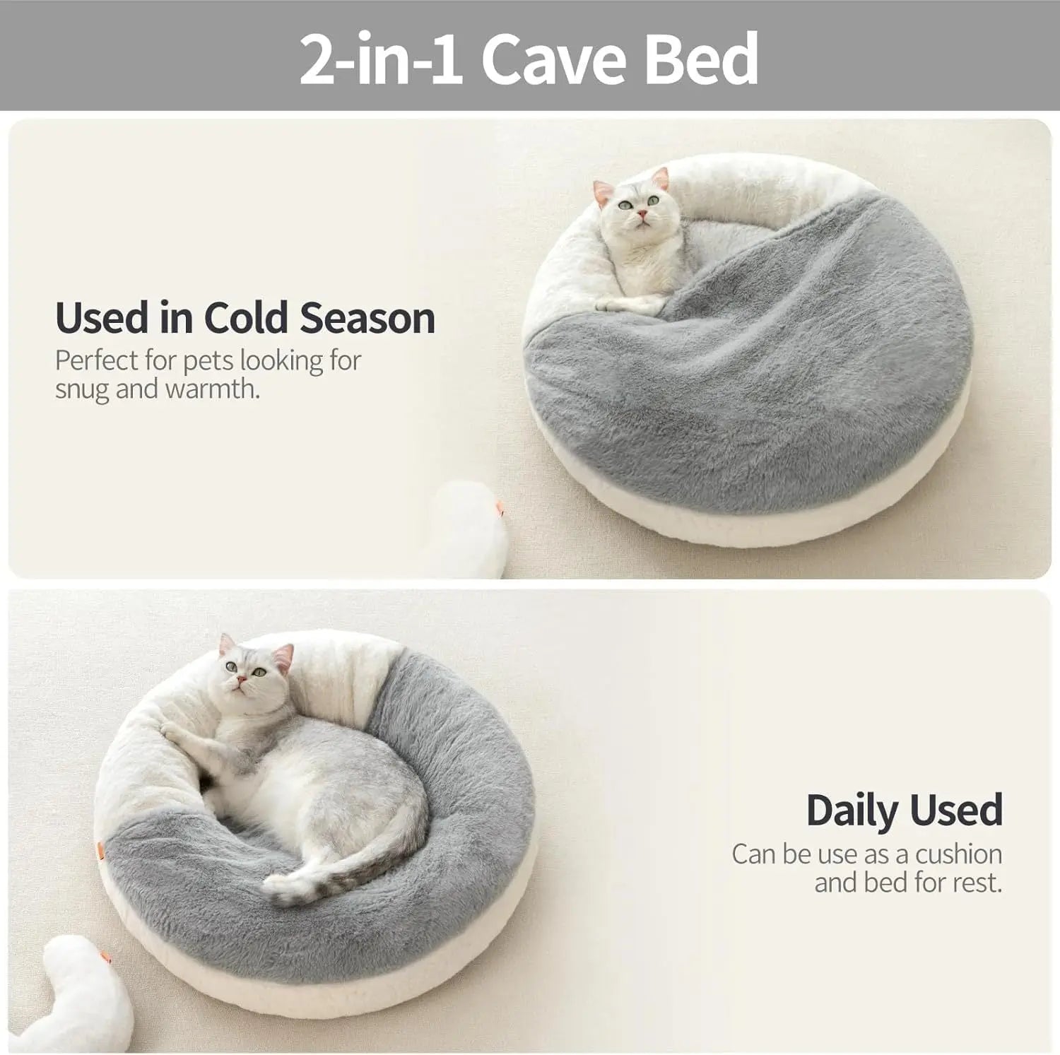 Enclosed Cat Bed Cave - Washable Pet Bed With Blanket & Non-Slip Base For Cats & Small Dogs 22'' X 22'', White - MaJuah
