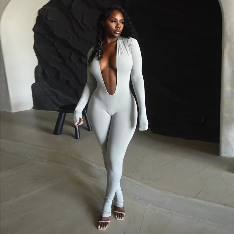 New Women's Fashion Sexy Backless Deep V Long Sleeve Solid Color Tight Jumpsuit CozyPet Store