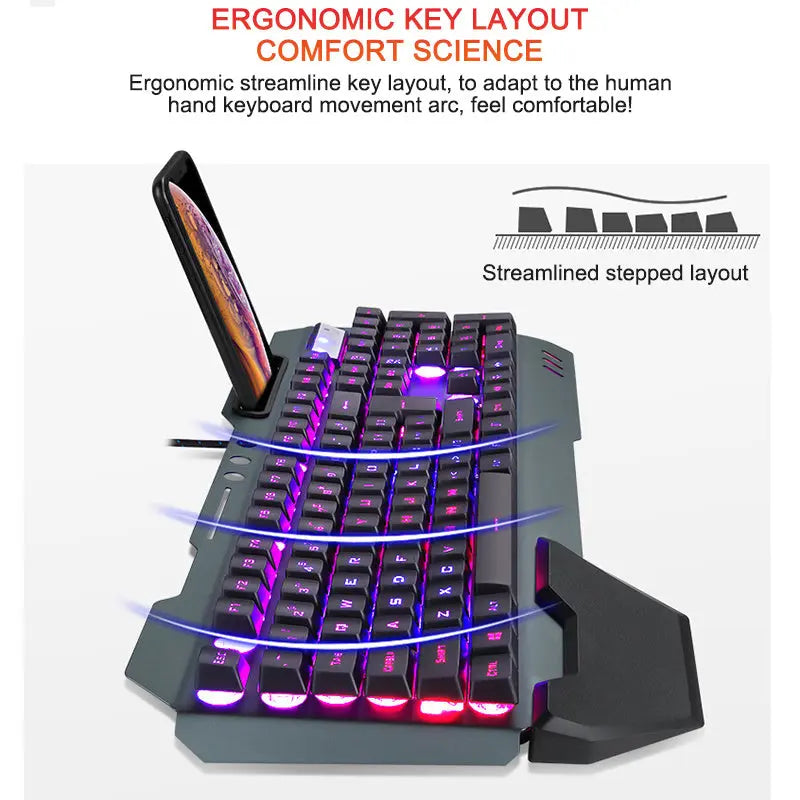 ErgonomicWired Gaming Keyboard with RGB Backlight Phone Holder - MaJuah