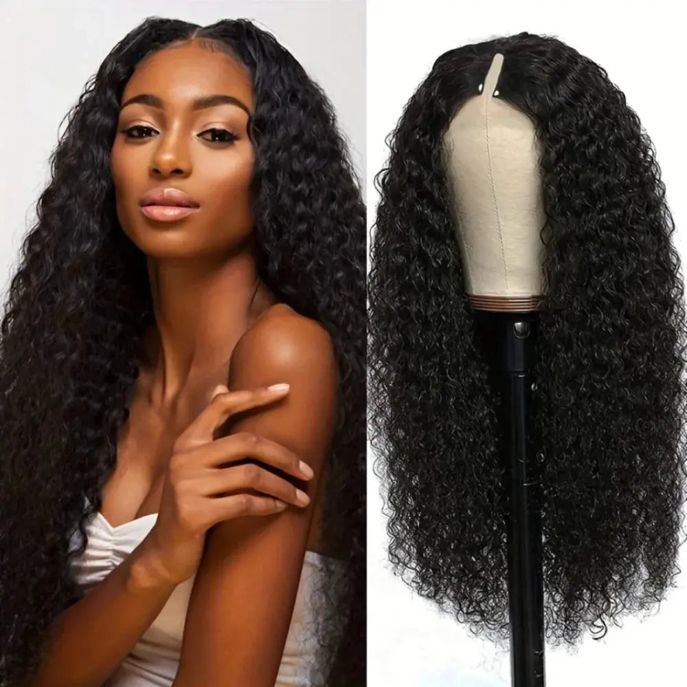 Upgraded V Part Wig Kinky Curly Wig Brazilian 32inch Natural Color Deep Wave Human Remy Hair For Women - MaJuah