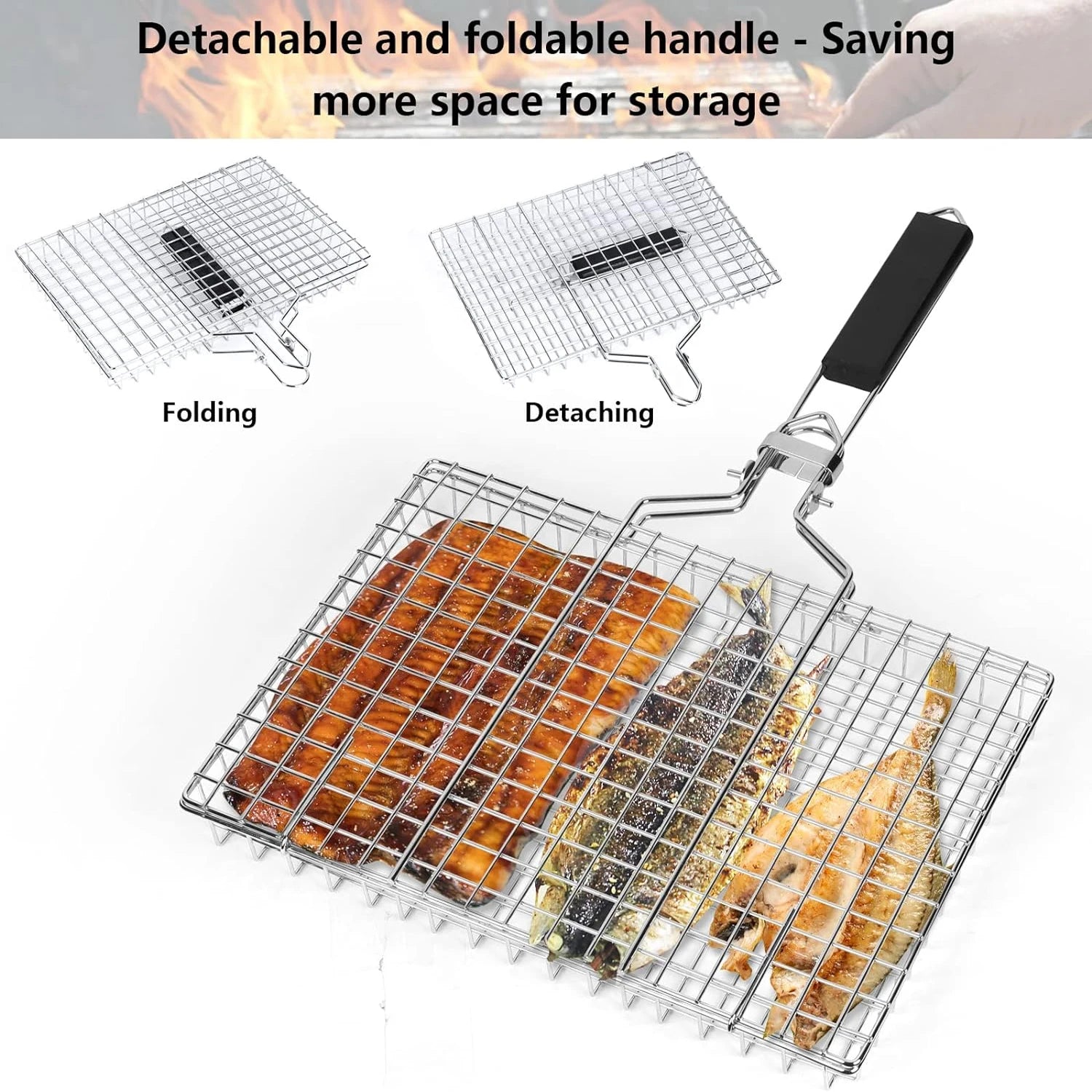 Outdoor Camping BBQ Folding Grilling Basket: Stainless Steel Foldable Grill Rack for Seafood, Steak, and Vegetables