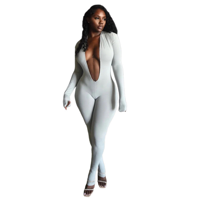 New Women's Fashion Sexy Backless Deep V Long Sleeve Solid Color Tight Jumpsuit CozyPet Store