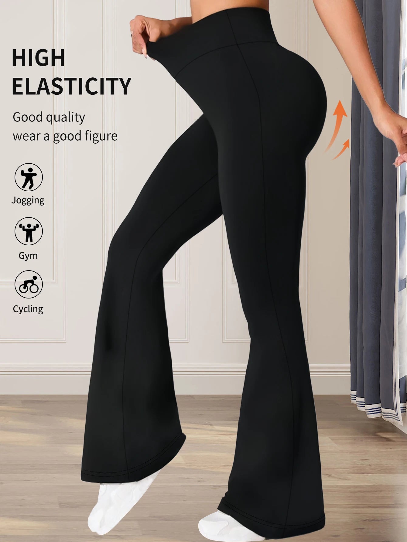 Women's spring and summer high waisted tight fitting flared pants, slim leg long black pants, thin wide leg pants for slim women MaJuah