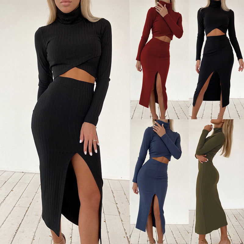 High-neck Long-sleeve T-shirt High-waist Wrap Slit Skirt Casual Set CozyPet Store
