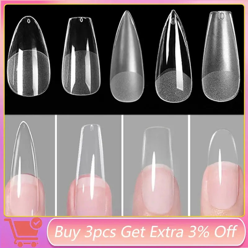 Press on Nails Coffin Soft Gel Tips Full Cover Fake Acrylic UV Gel Nails Extension System Oval Almond Sculpted False Nail Tips - MaJuah
