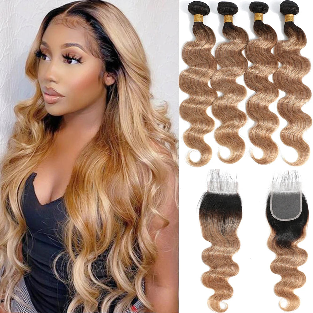 Colored Bundles With Closure Body Wave Brazilian Human Hair Weave Bundles With HD Lace Closure Ombre Brown Extensions For Women