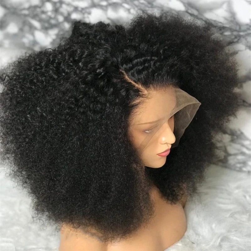 Afro Kinky Curly Wig Fluffy Transparent Lace Front Human Hair Short Curly Wig Natural Black Pre-Plucked Glueless Wig 300% Density