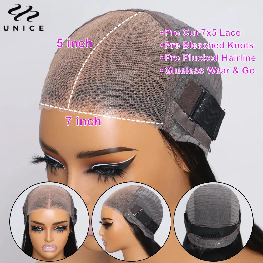 Unice Hair Pre Cut Pre Bleached 7x5 Lace Wear Go Glueless Wig 100% Human Hair Natural Color Water Wave Lace Front Wig - MaJuah