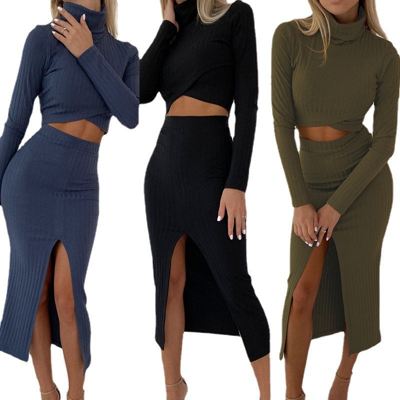 High-neck Long-sleeve T-shirt High-waist Wrap Slit Skirt Casual Set CozyPet Store