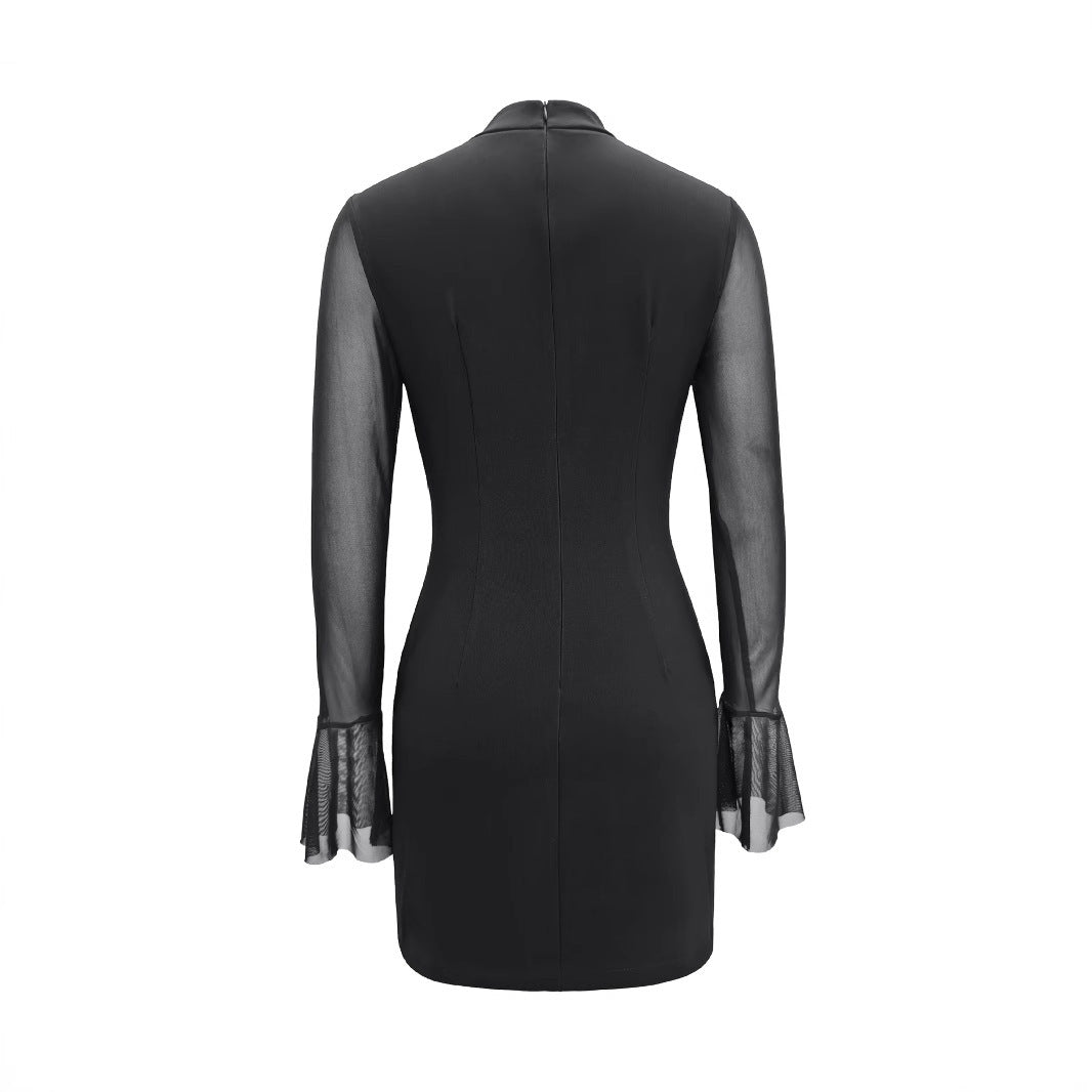 Women's Solid Color Semi-sheer Long-sleeve High-neck Fitted Dress CozyPet Store