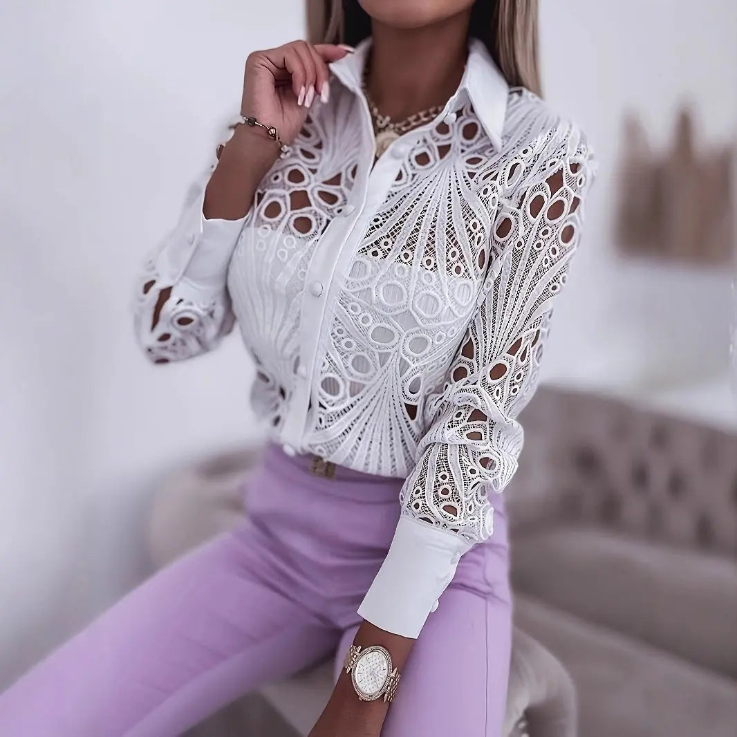 versatile women's shirt Commuter Lace Hollow-out Long Sleeve Shirt For Women Qigang