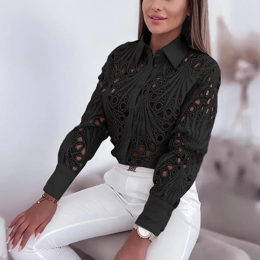 versatile women's shirt Commuter Lace Hollow-out Long Sleeve Shirt For Women Qigang