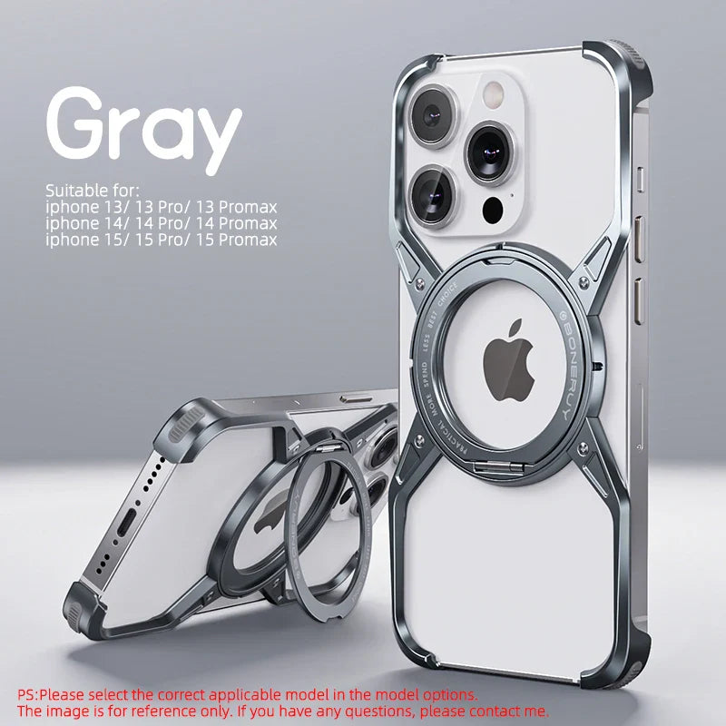 Metal Aluminium Alloy Magnetic Frameless Phone Case For iPhone 14 13 15 Pro Max 360° Stand Rimless Bumper Shockproof Metal Cover