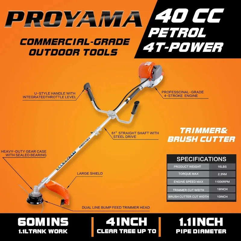 PROYAMA 40cc Gas Powered Brush Cutter, 4-Cycle Weed Eater, 3 in 1 Dual Line Gas String Trimmer and Grass Trimmer