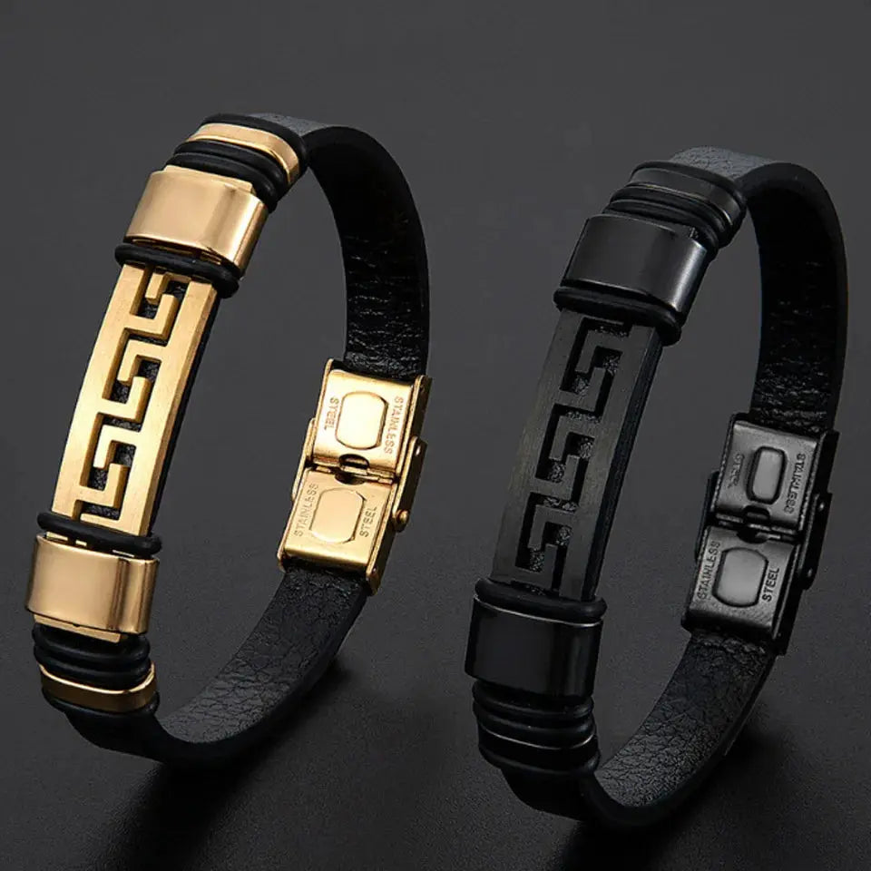 Leather Bracelet 316L Stainless Steel Buckle Fashion Men Hand Statement punk Bracelet - MaJuah