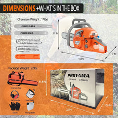 PROYAMA 62CC 2-Cycle Gas Powered Chainsaw, 22 Inch 18 Inch Handheld Cordless Petrol Chain Saw for Tree Wood Cutting