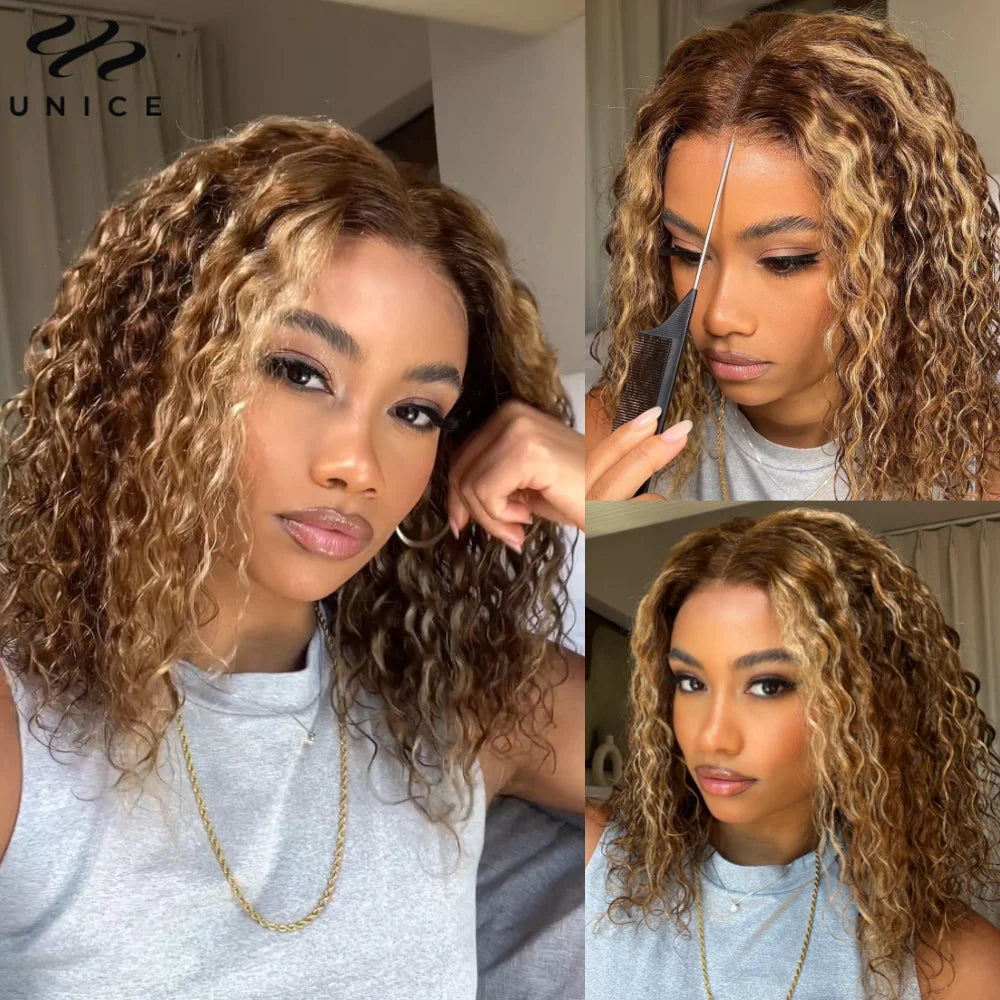 UNice 7x5 Glueless Water Wave Bob Wig Honey Blonde Highlight Pre Bleached Pre Cut Lace Closure Wig Human Hair Wig Ready To Wear, Ships From - United States