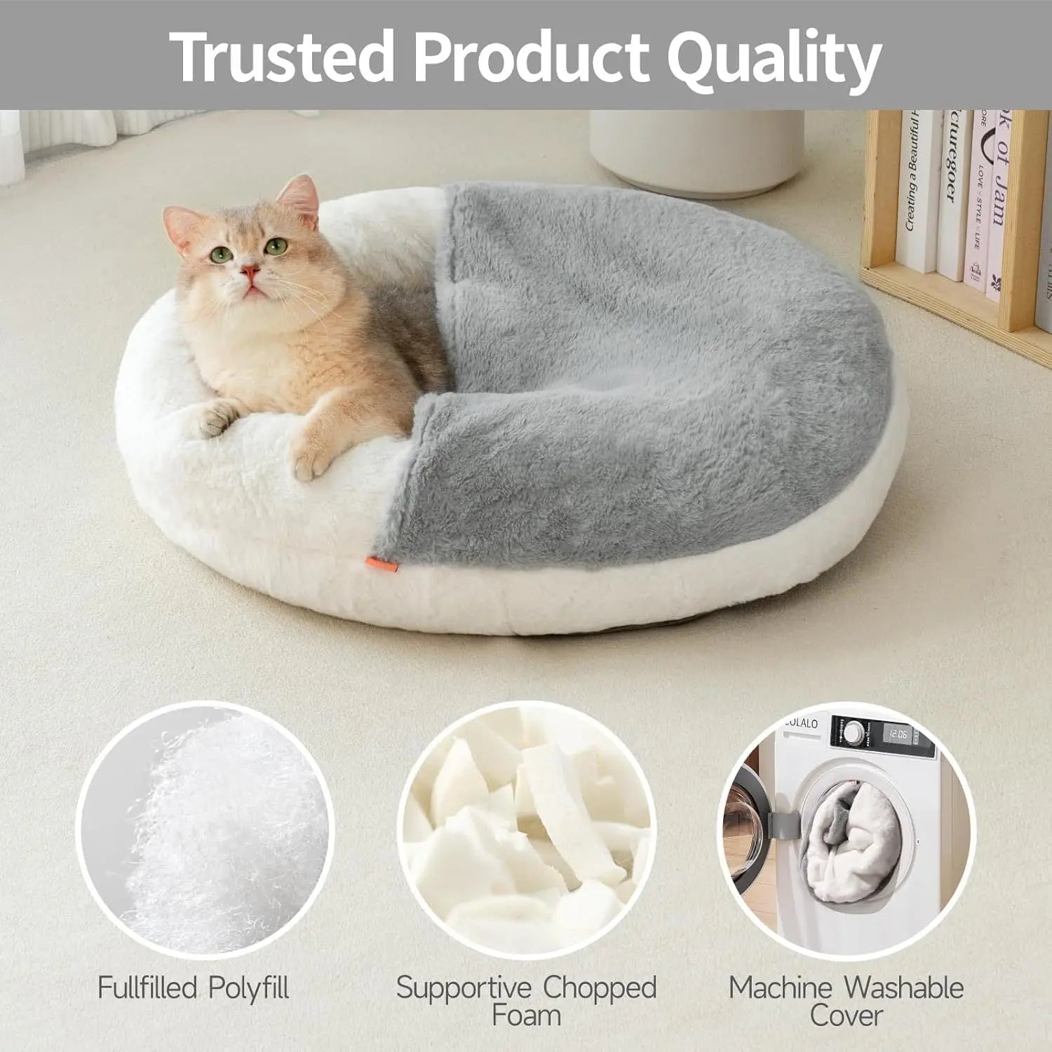 Enclosed Cat Bed Cave - Washable Pet Bed With Blanket & Non-Slip Base For Cats & Small Dogs 22'' X 22'', White - MaJuah