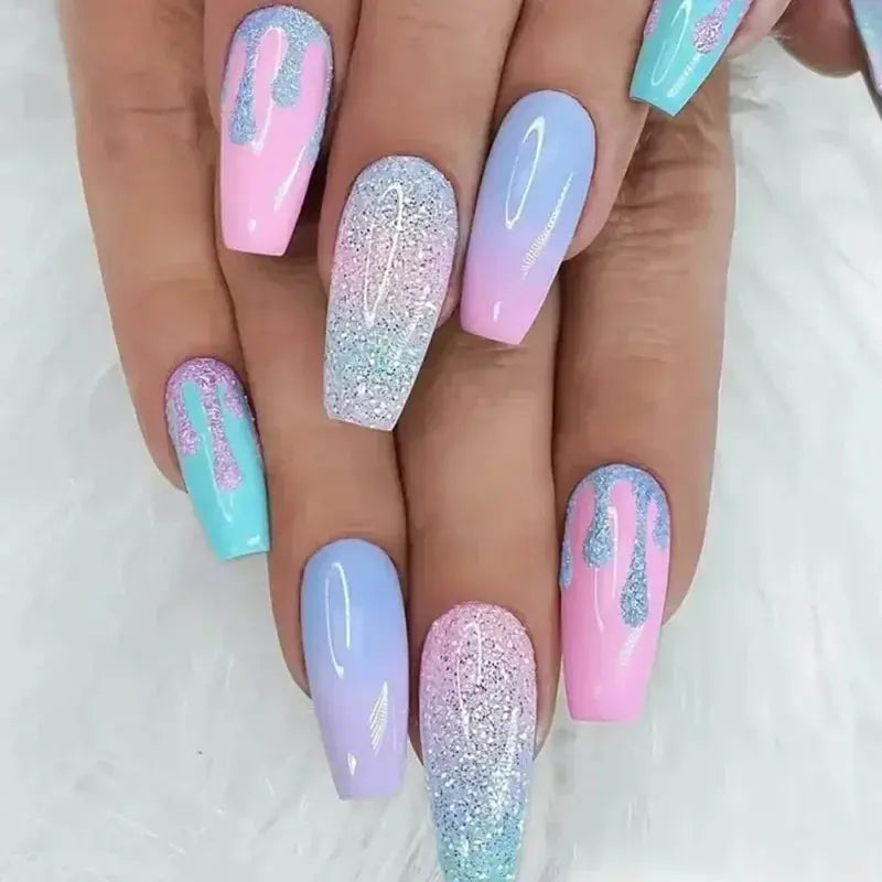 24Pcs/Set Acrylic Long Ballet Press on Nail Tips Coffin Wearing Reusable False Nails Art Colorful Glossy Fake Nails Artificial - MaJuah