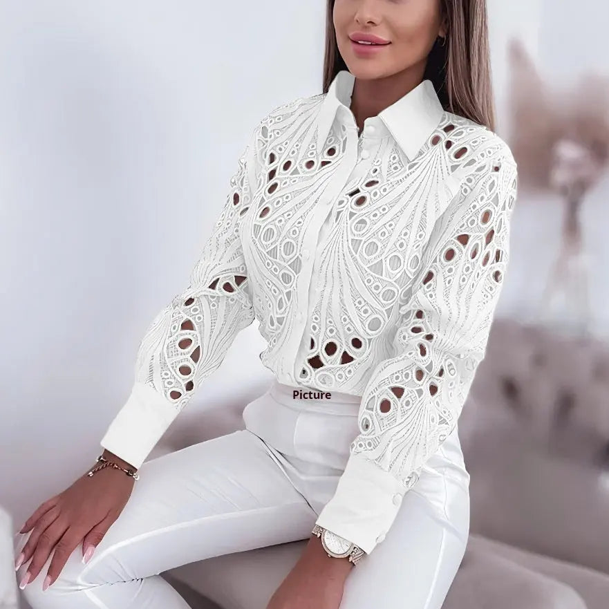 versatile women's shirt Commuter Lace Hollow-out Long Sleeve Shirt For Women Qigang