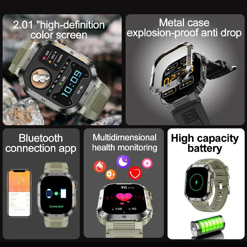 Rugged And Durable Military Smart Watch Ip68 Waterproof 2.01 '' HD Display Bluetooth Voice Smart Watch For Android IOS XIAOMI - MaJuah
