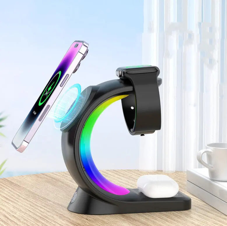 4 In 1 Magnetic Wireless Charger Fast Charging For Smart Phone Atmosphere Light Charging Station For Airpods Pro I-phone Watch - MaJuah
