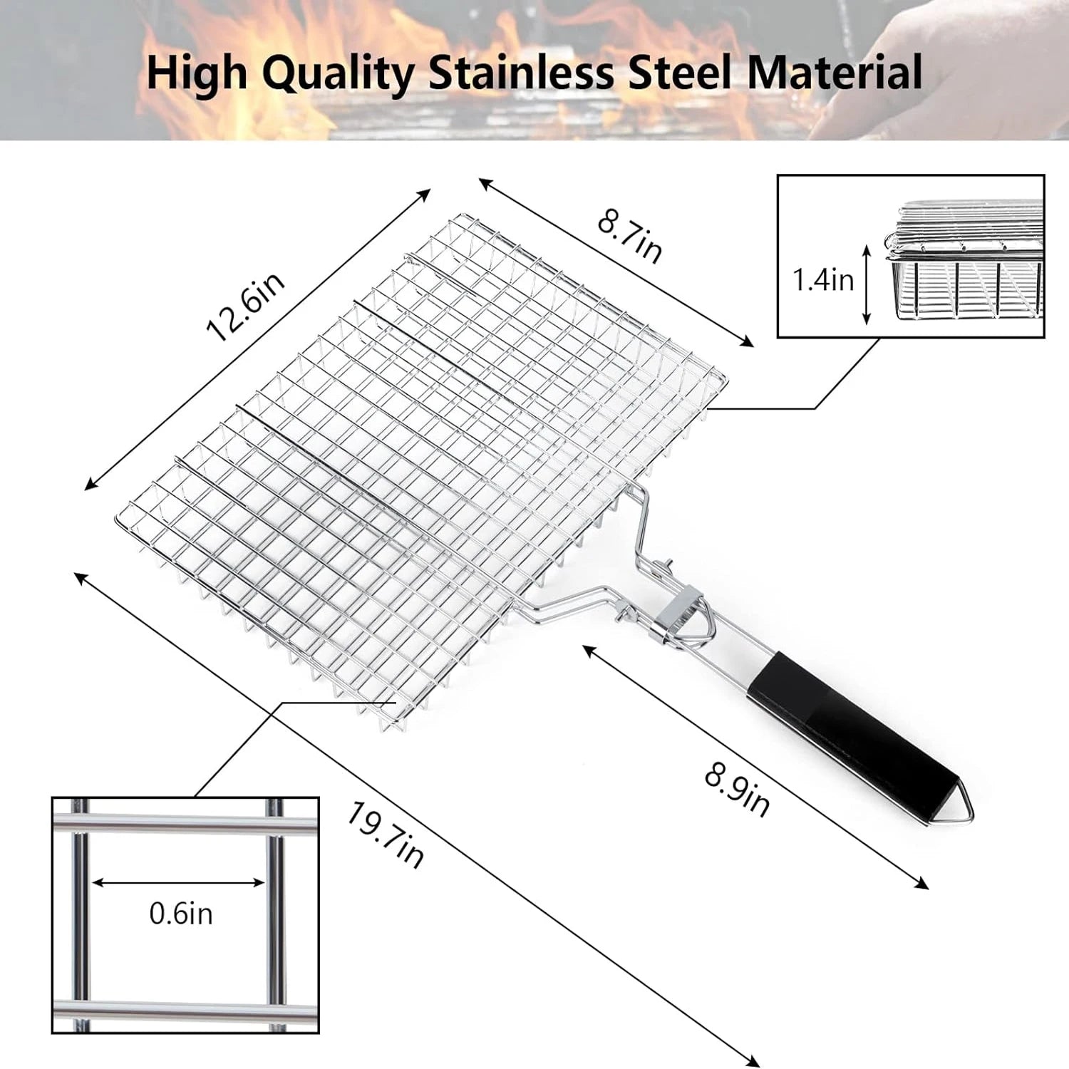 Outdoor Camping BBQ Folding Grilling Basket: Stainless Steel Foldable Grill Rack for Seafood, Steak, and Vegetables
