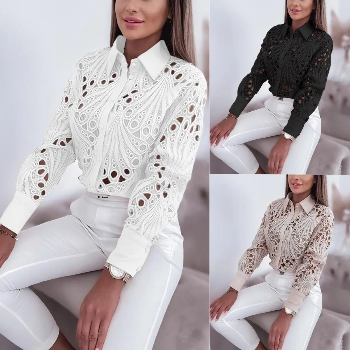 versatile women's shirt Commuter Lace Hollow-out Long Sleeve Shirt For Women Qigang