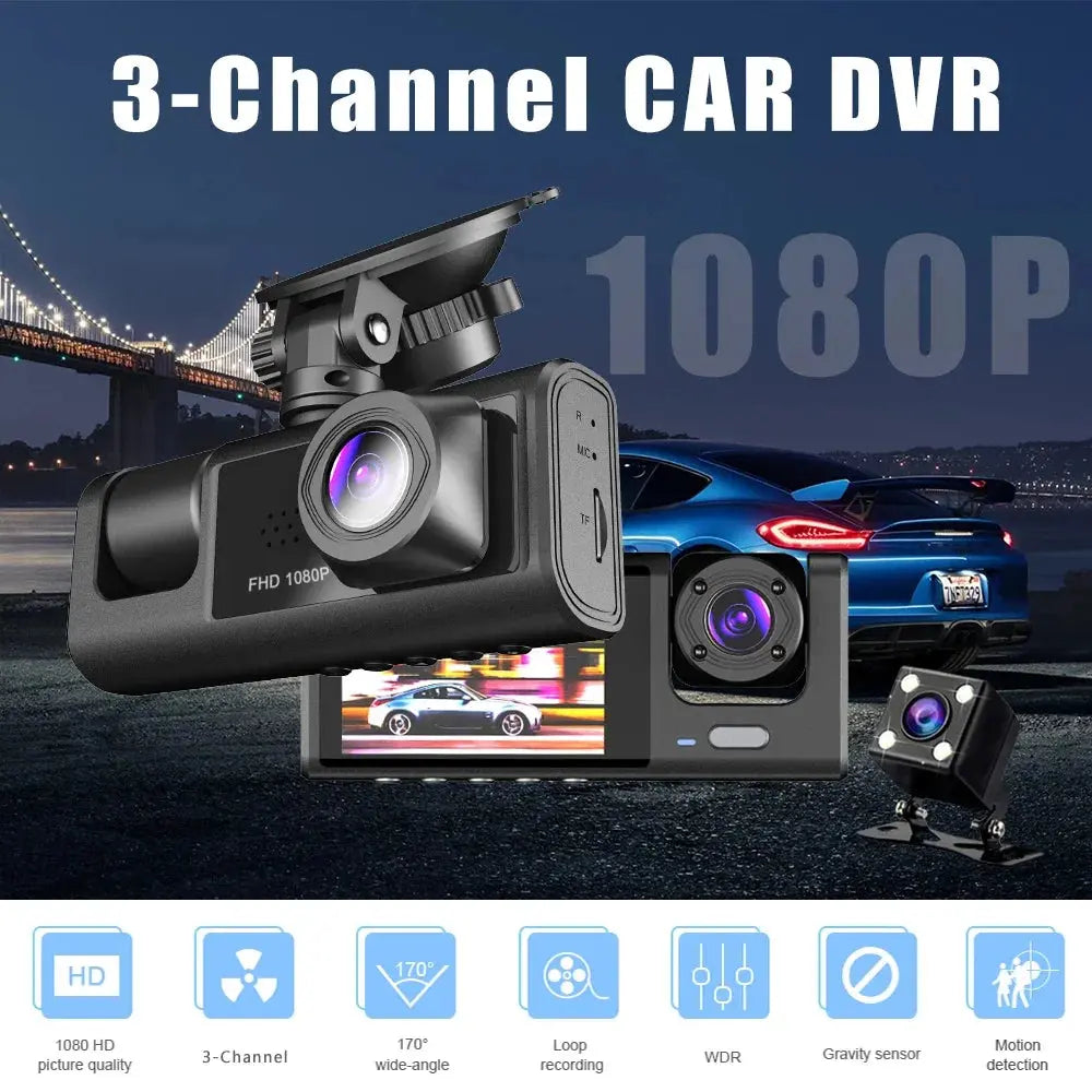 2.0Inch Car DVR Dash Cam HD Dash Camera Three Way Lens Video Recorder 1080P Black Box Cycle Recording Dashcam Camcorder - MaJuah