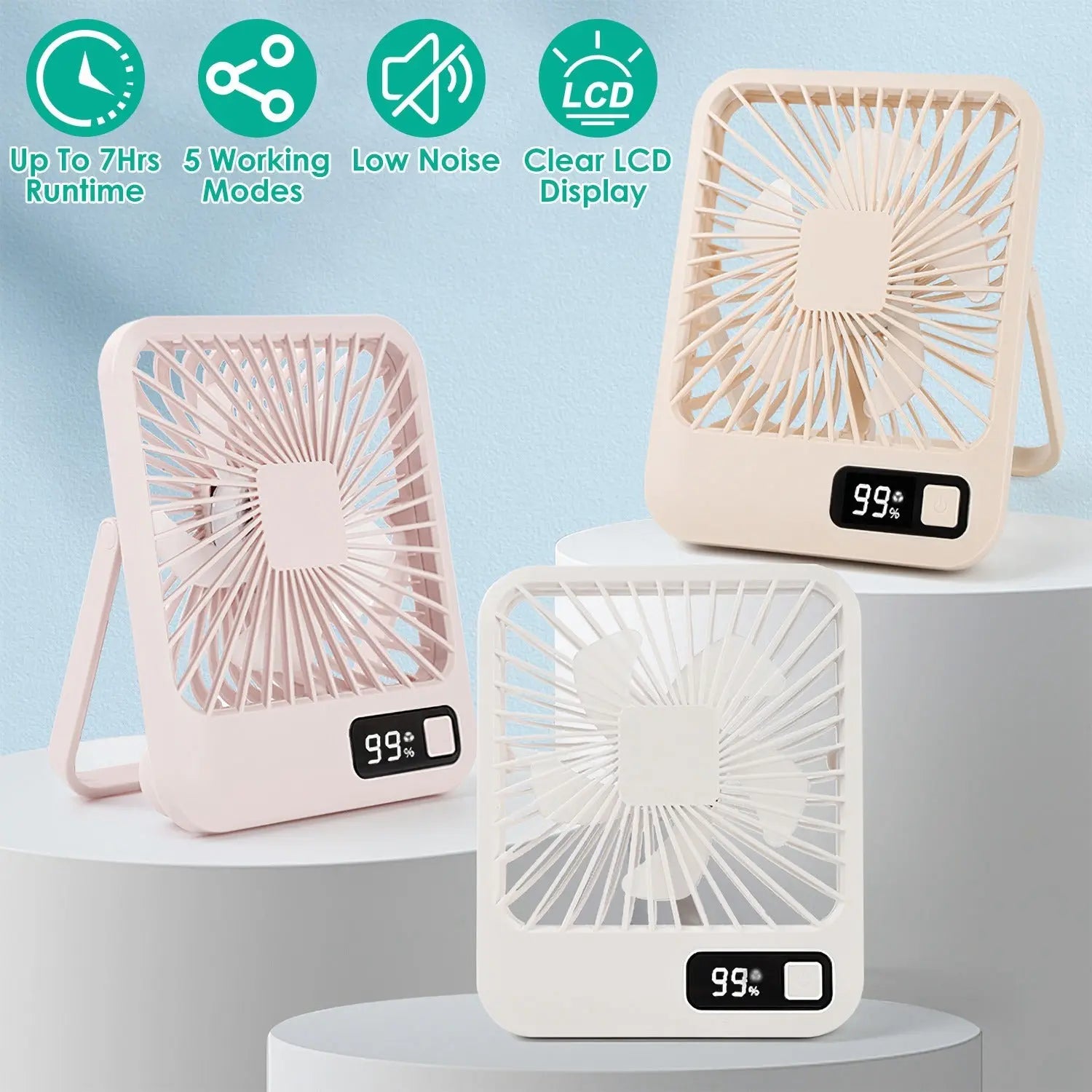 3 Colors Options -- 1Pc Mini Desktop Cooling Fan Rechargeable Battery Powered Personal Fan Speed Adjustment Strong Airflow Quiet Travel Fan With LCD Display For Home Office Travel - MaJuah