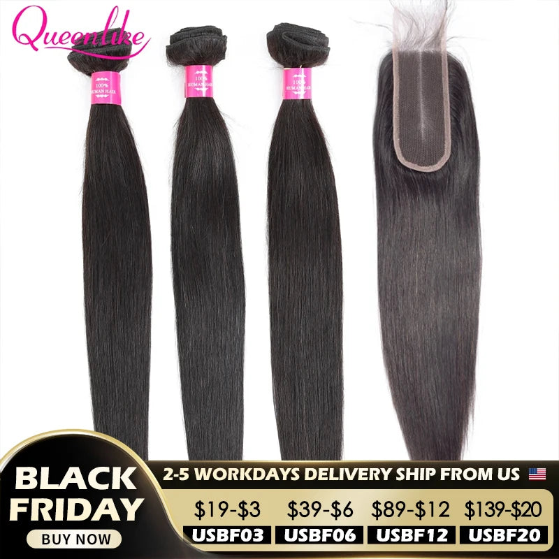 Queenlike 30inch Straight Human Hair Bundles With Closure Brazilian Raw Hair Weave Bundles With 2x6 Deep Kim Closure and Bundles