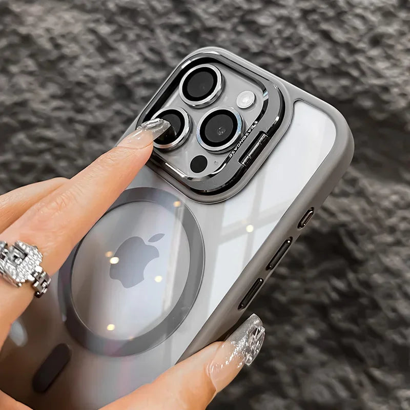 Luxury Magnetic Shockproof Phone Case for iPhone 15 14 13 12 11 Pro Max with Magsafe, Stand, Glass Lens Protector, and Back Cover