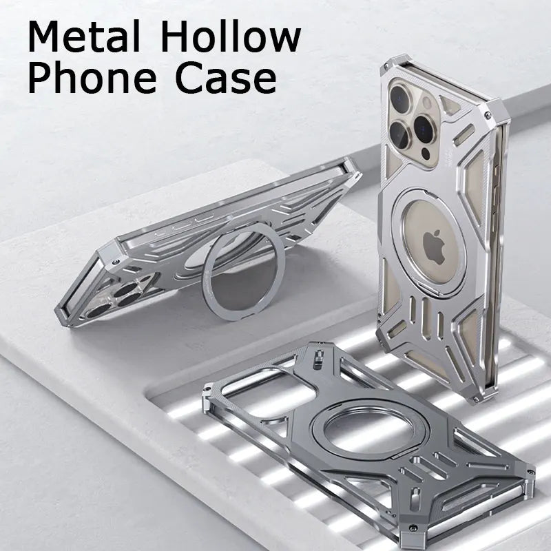 Magnetic Stand Metal Phone Case For Iphone 13 14 15 16 Pro Max Plus Hollow Luxury Aluminum Alloy Phone Cover For IPHON 16 Promax