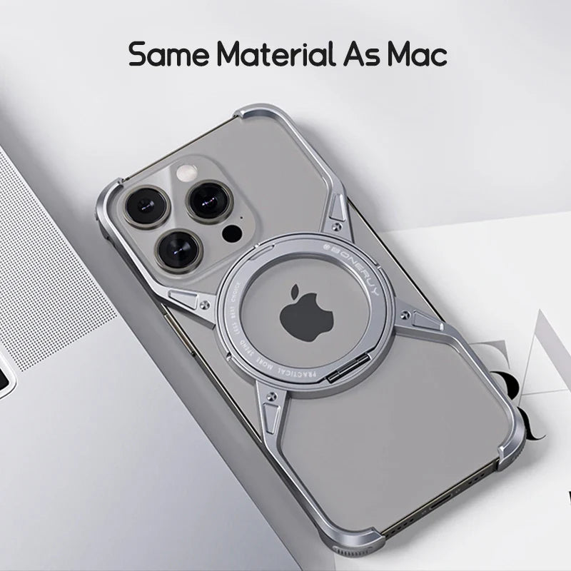 Metal Aluminium Alloy Magnetic Frameless Phone Case For iPhone 14 13 15 Pro Max 360° Stand Rimless Bumper Shockproof Metal Cover