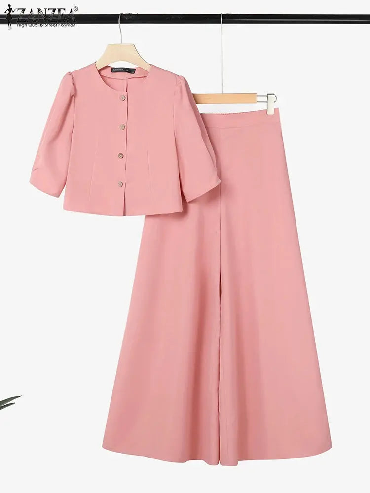 ZANZEA Street Fashion Woman 2 Piece Sets Stylish Short Puff Sleeve Crop Tops Wide Leg Pants 2PCS Outfit Elegant Office Pant Sets ZANZEA Apparels Store