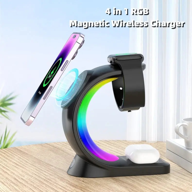 4 In 1 Magnetic Wireless Charger Fast Charging For Smart Phone Atmosphere Light Charging Station For Airpods Pro I-phone Watch - MaJuah